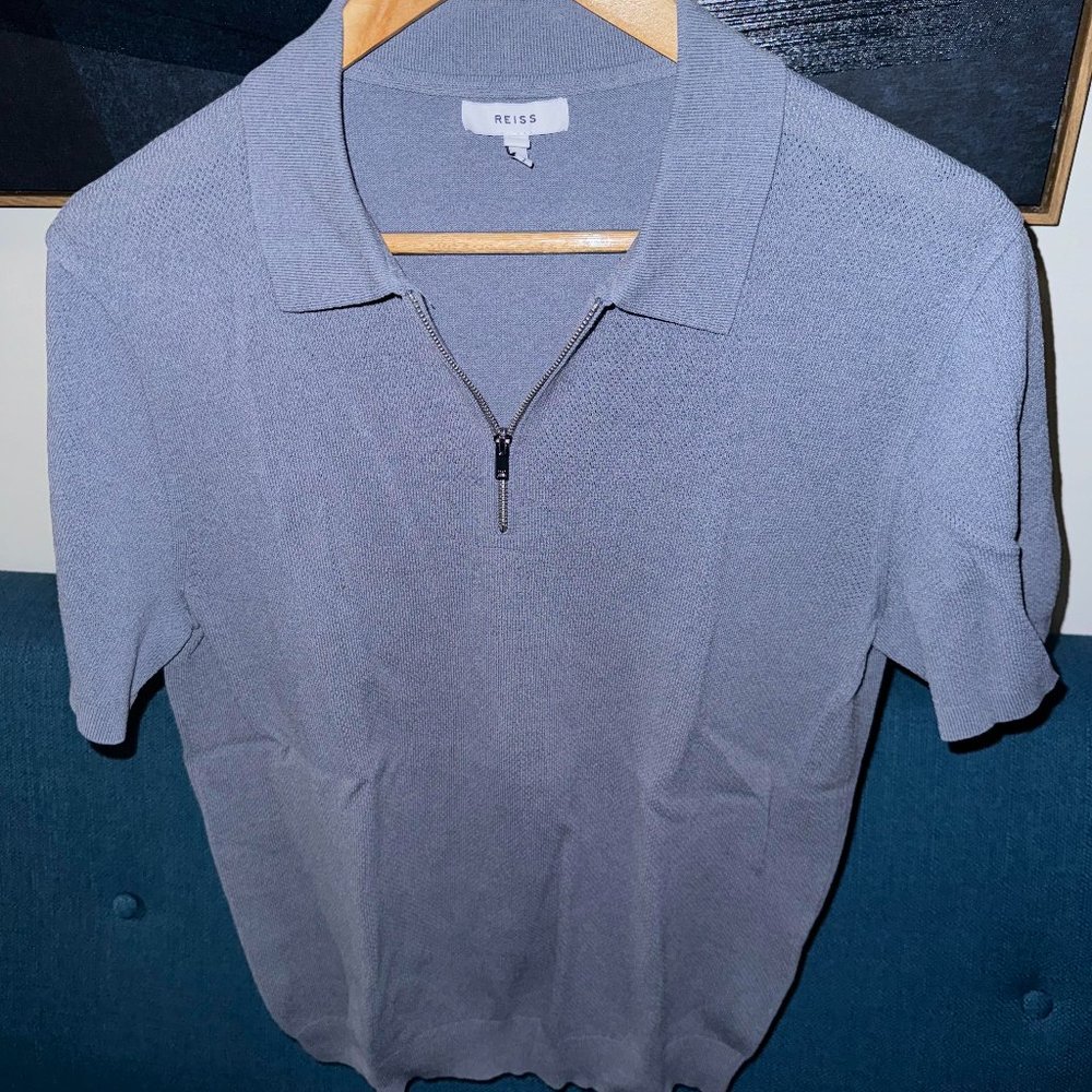 Reiss Men's Short Sleeve Zip Polo in Light Gray-Blue